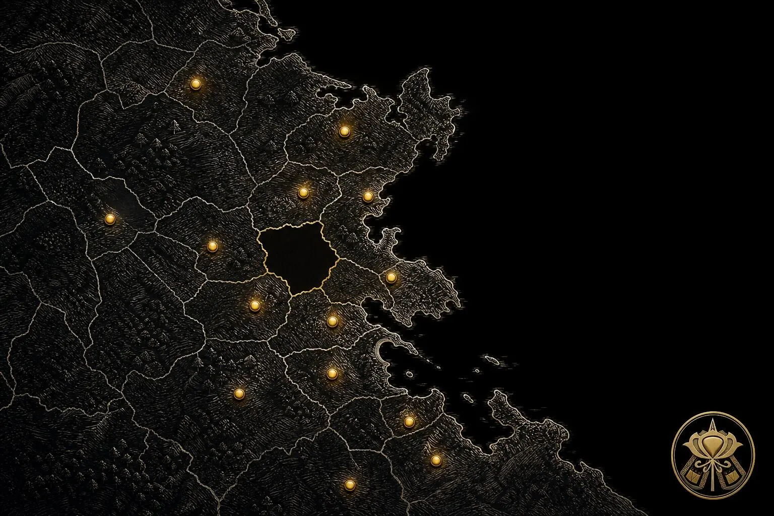 Ink-and-gold map of the Massachusetts North Shore. Gold markers sit on the surrounding towns while one town at the centre is left empty.