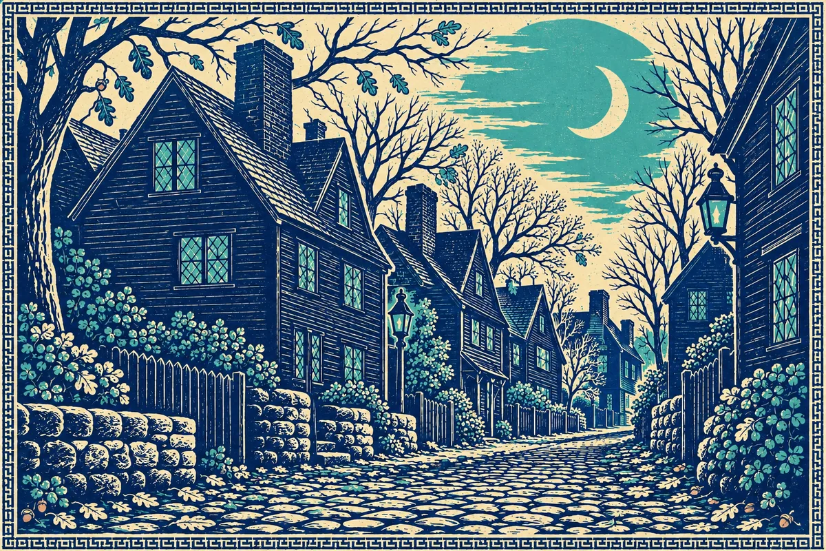 Print of a Salem street in October: old black clapboard houses with steep roofs and big chimneys, a cobblestone lane covered in autumn leaves, iron lanterns and a crescent moon.