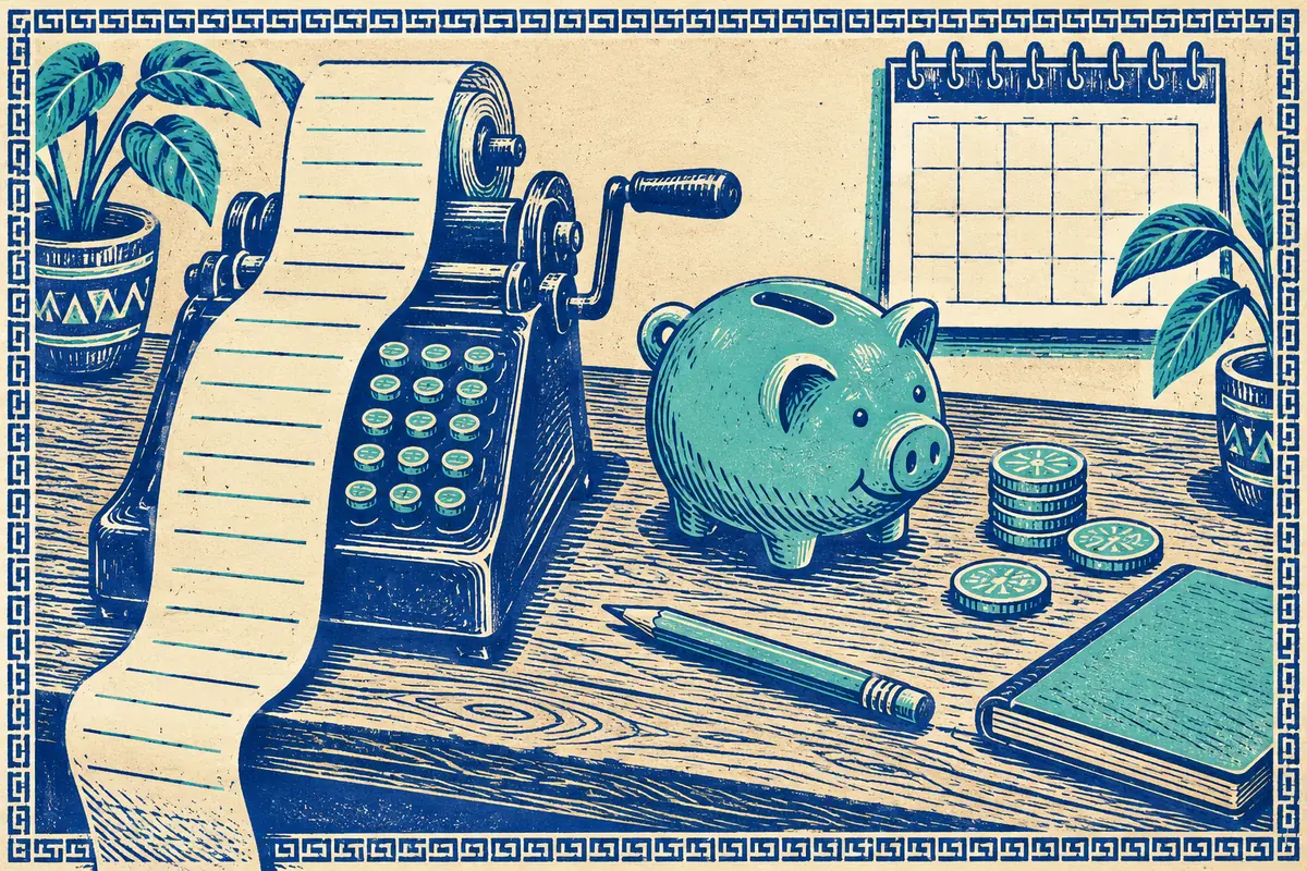 Printed still life of a desk: a paper roll from an adding machine, a piggy bank, a stack of coins, a pencil, a notebook and a wall calendar.