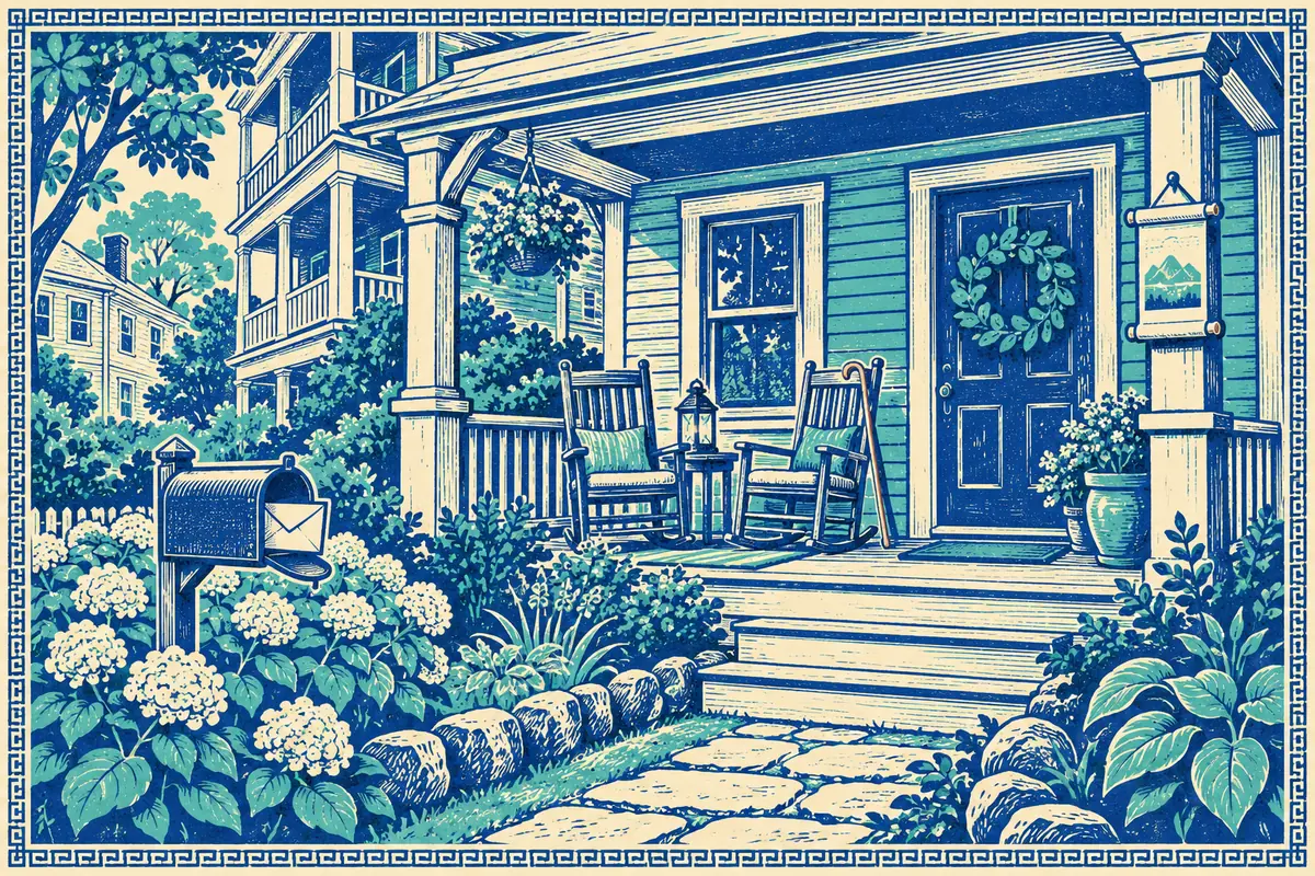 Print of a New England porch: a front door with a wreath, two rocking chairs, a lantern, a mailbox with a letter and a stone path through the garden.